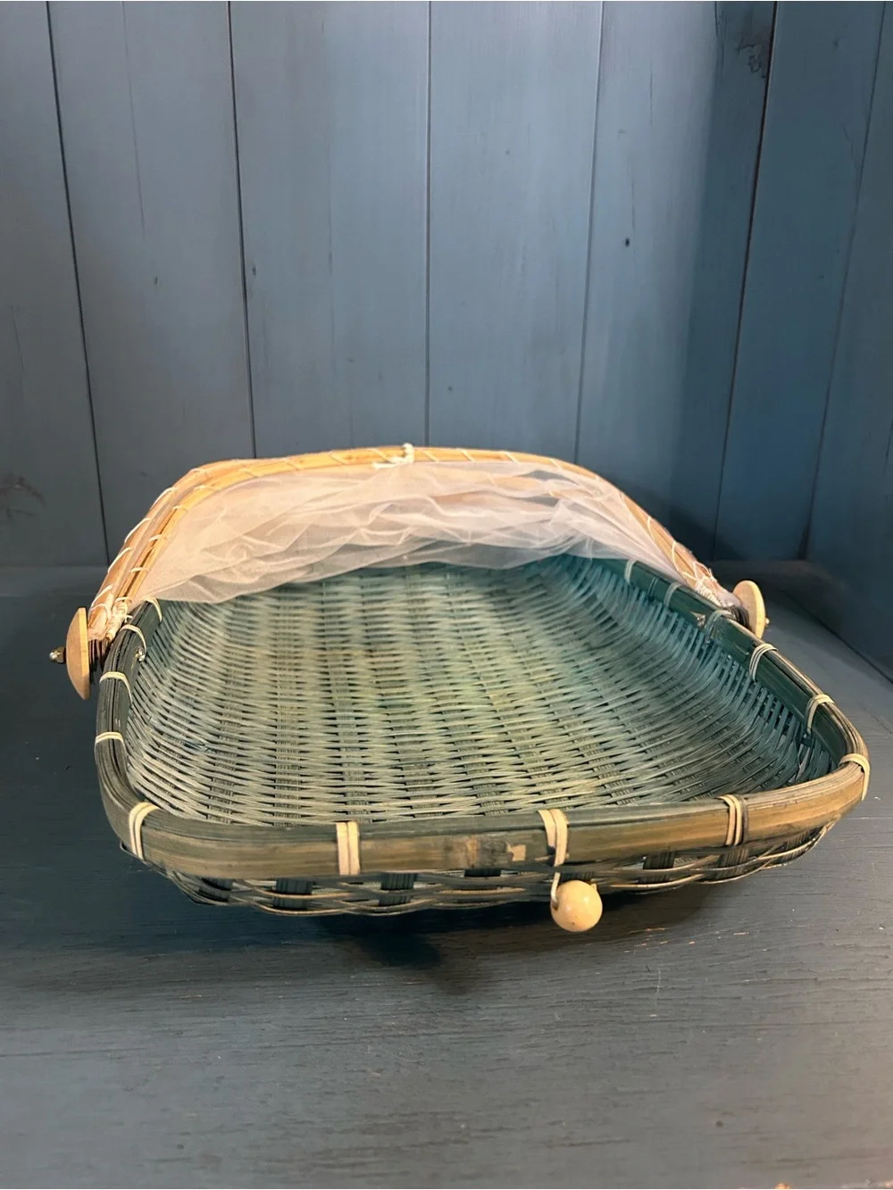 Bestoyard Teal Woven Serving Basket w/ White Mesh Cover Summer Outside Bbq/Party